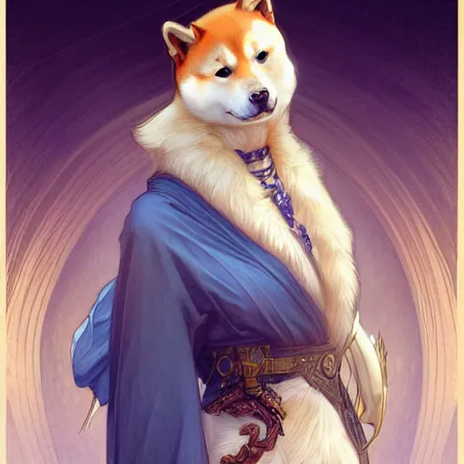 Image similar to Portrait of Shiba Inu, D&D, blue eyes, fantasy, intricate, elegant, highly detailed, digital painting, artstation, concept art, smooth, sharp focus, illustration, art by artgerm and greg rutkowski and alphonse mucha