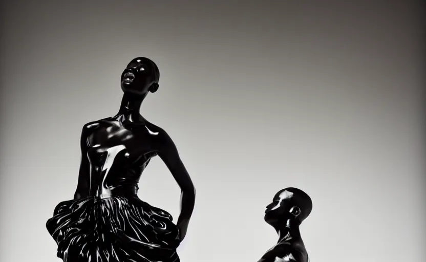 Image similar to extremely beautiful female black statue wearing avant garde huge distorted comme de garcon haute couture gown in the style of rei kawakubo, couture, avant garde, the model is a black glossy marble statue, vogue, fashion, runway, collection, beautifully lit, glossy, hd, 4 k, 8 k, extremely clear focus, sharp, award winning fashion photograph