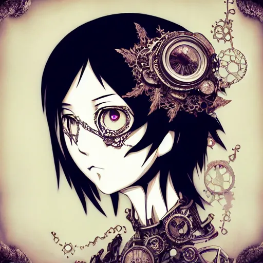 Image similar to surreal manga anime photo portrait of complex bio-mechanical beautiful young female skeletal cyborg with a Mandelbrot fractal steampunk metal fine lace face, retrofuturistic depressing, floral foliage super big lace collar, rococo, steampunk, 8k