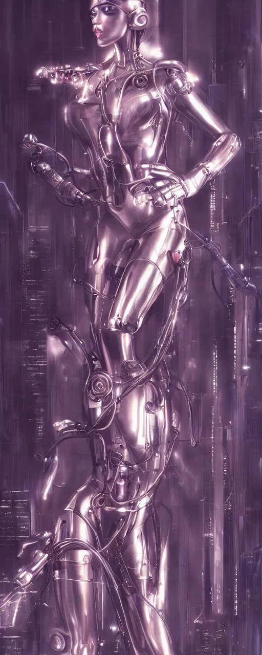 Image similar to beauty Blade Runner woman, futuristic mechanical, cyberpunk, dramatic lighting, lots of cables and wiring, electrical details, trending on artstation, by Hajime Sorayama and Boris Vallejo