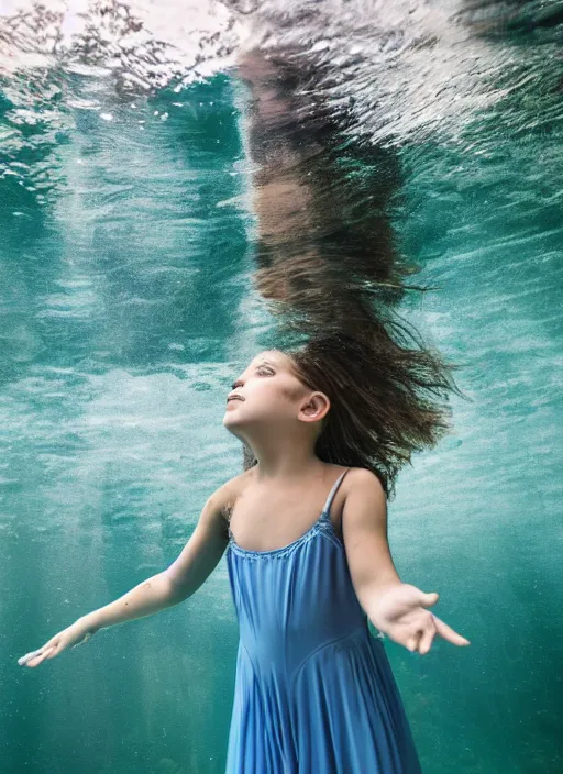 Prompt: girl immersed in water with long and wide dress