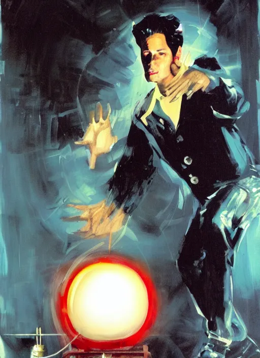 Image similar to zak bagans enamored by a glowing orb, scientific equipment, ghostly!!!, painting by phil hale, fransico goya,'action lines '!!!, graphic style, visible brushstrokes, motion blur, blurry, visible paint texture, crisp hd image