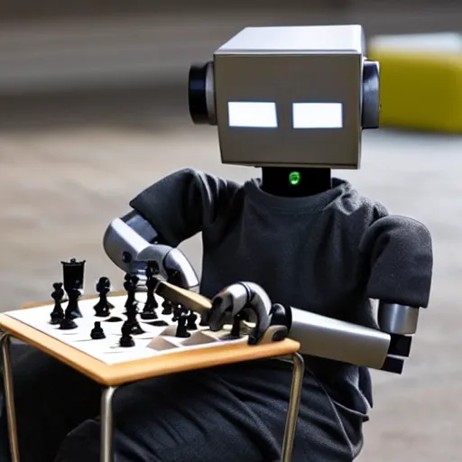 Prompt: clever robot playing chess sitting at a table