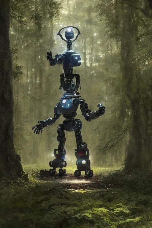 Prompt: A small character standing before a robot in the forest by Greg Rutkowski, Sung Choi, Mitchell Mohrhauser, Maciej Kuciara, Johnson Ting, Maxim Verehin, Peter Konig, final fantasy , 8k photorealistic, cinematic lighting, HD, high details, atmospheric,