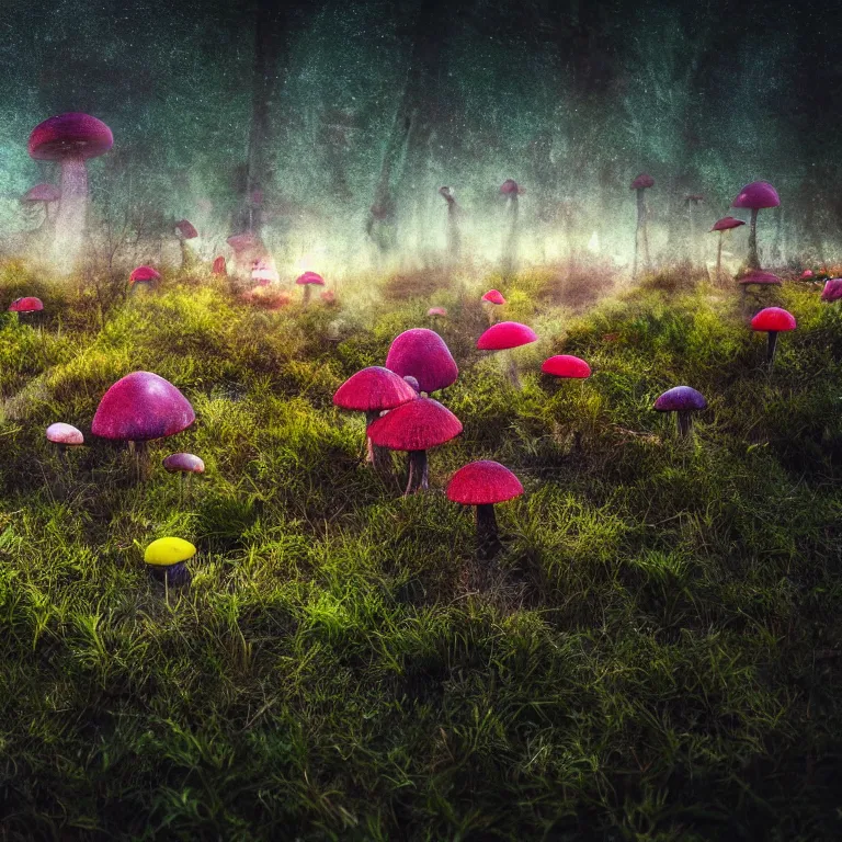 Image similar to a planet of various fungus like trees, mushrooms, flowers and plants, artistic photography, conceptual, long exposure outside the city, volumetric light