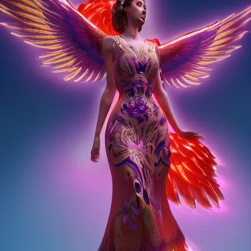 Image similar to a beautiful orchid phoenix angel woman, in an ornamented dress with large wings, photorealism, unreal engine, volumetric light, god rays, 8 k high resolution, rubies