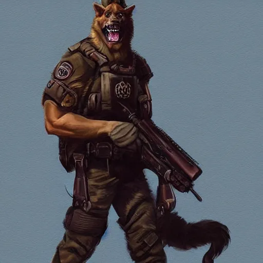 Image similar to a humanoid german shepherd beast - man in military style, holding a bottle of beer, artstation, concept art, smooth, sharp foccus ilustration, artstation