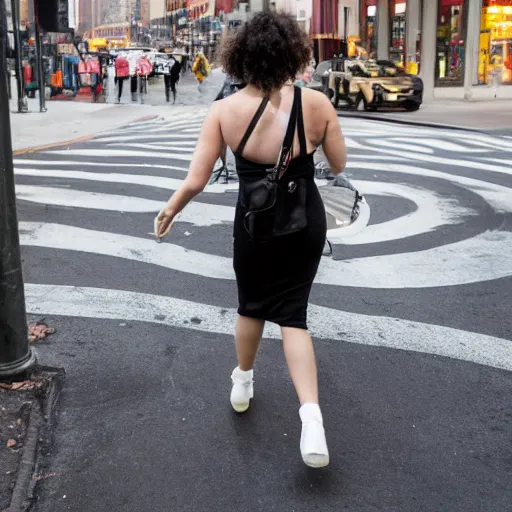 Prompt: back of a young woman with a fox tail, walking the streets of new york