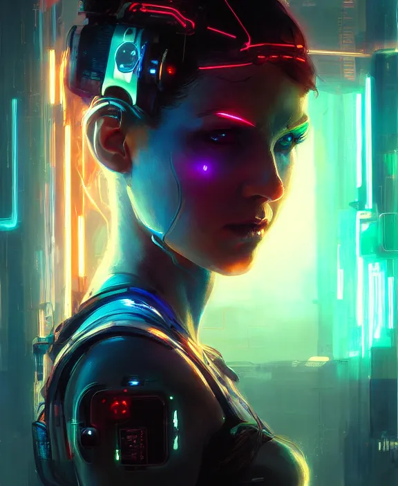 Prompt: portrait of cute cyborg woman, wires, neon lights, vivid eyes, cyberpunk, highly detailed painting by jeremy mann and cd projekt red and charlie bowater and titian and artgerm