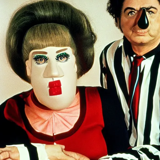 Image similar to 1970 woman on tv show with a long prosthetic snout nose, big nostrils, wearing stripes in the park 1970 color archival footage color film 16mmwith hand puppet Fellini Almodovar John Waters Russ Meyer Doris Wishman