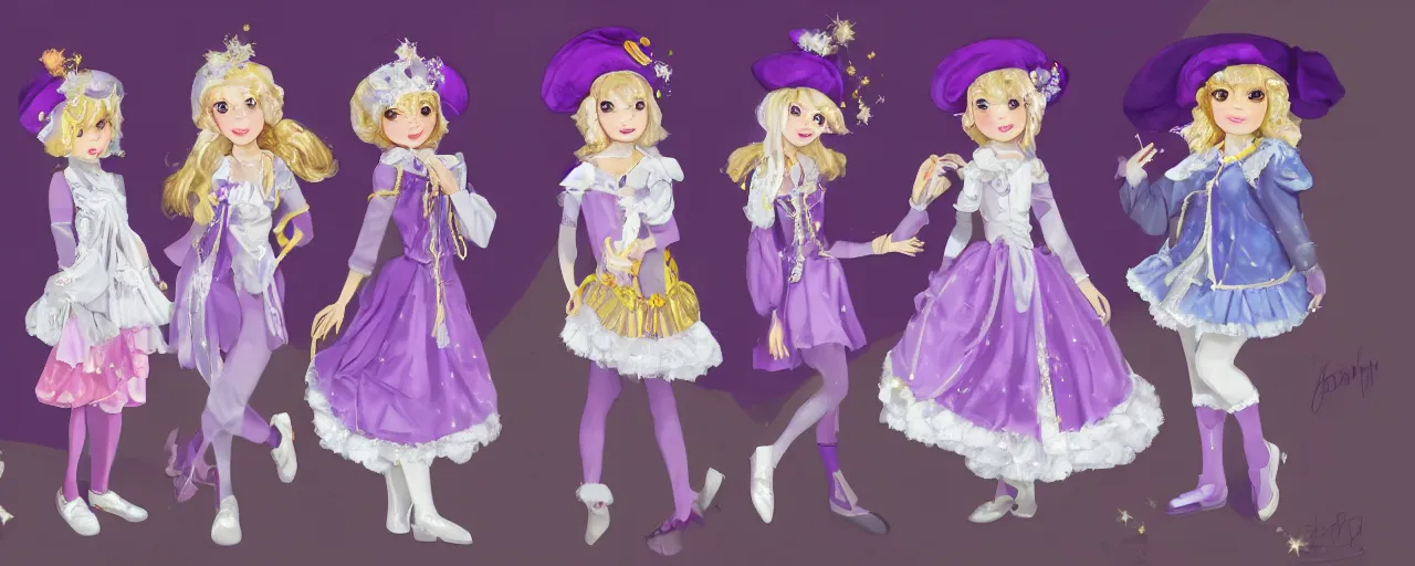 Prompt: A character sheet of full body beautiful and mysterious mystical girls with short blond hair wearing an oversized purple Beret, A purple and white dress uniform, Short Puffy pants made of silk, a fluffly petticoat, pointy jester shoes, a big billowy scarf, Golden Ribbon, and white leggings Covered in stars. Short Hair. Sunlit. Haute Couture.Art by william-adolphe bouguereau and Paul Delaroche and Alexandre Cabanel and Lawrence Alma-Tadema. Smooth. Elegant. Highly Detailed. Intricate. 4K. UHD. Denoise.