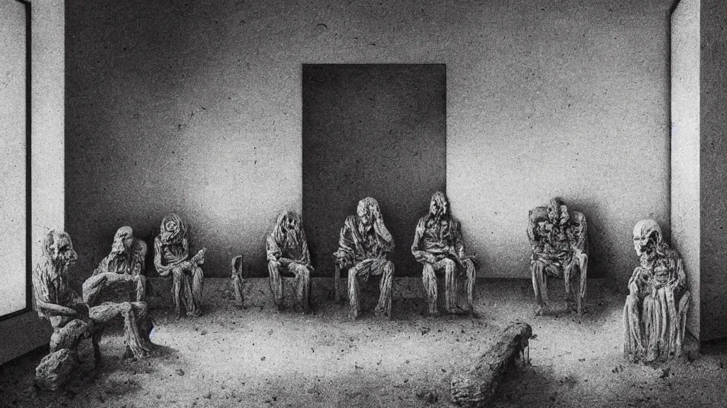 Prompt: creepy mental hospital, medicated patients watching TV by Zdzislaw Beksinski, Ivan Seal, Leyland Kirby