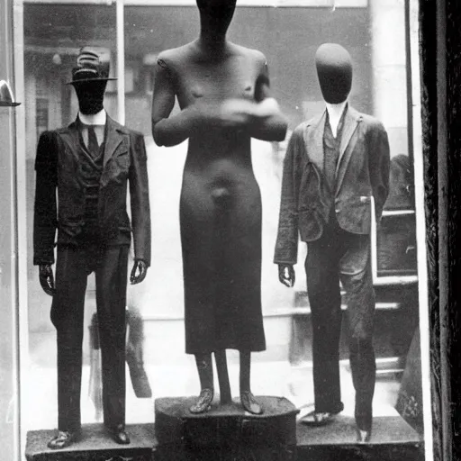 Prompt: 1 9 1 0 paris store window, manikin, suit, wax head, photograph, style of atget, old, creepy, smiling