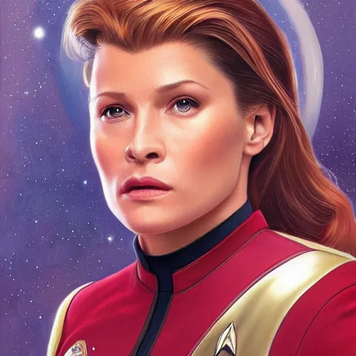 Image similar to ultra realistic illustration, bella! thorne! as captain janeway wearing star trek red uniform, intricate, elegant, highly detailed, digital painting, artstation, concept art, smooth, sharp focus, illustration, art by artgerm and greg rutkowski and alphonse mucha