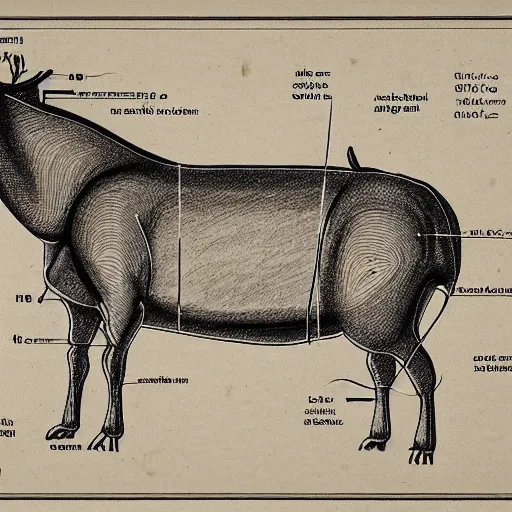 Image similar to blueprint technical drawing of a steak, schematic, sepia, old paper