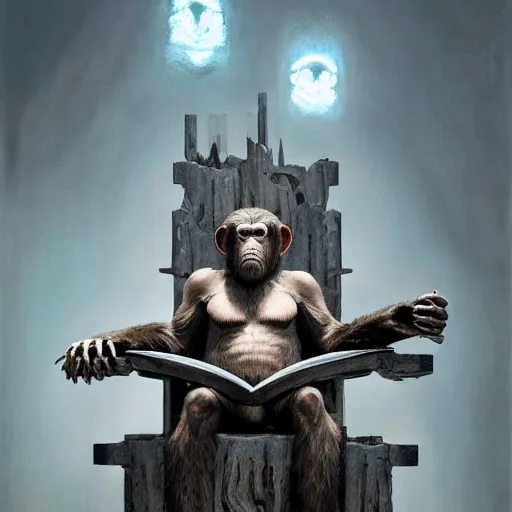 Image similar to koba from planet of the apes sitting on a throne of human bones, hero character art, koba, by chris leib and greg rutkowski in a surreal portrait, oil on canvas, volumetric lighting, 8k, hd.