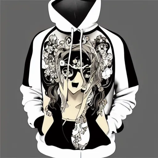 Prompt: anime manga skull portrait woman female wearing hoodie disney cartoon skeleton illustration style by Alphonse Mucha pop art nouveau