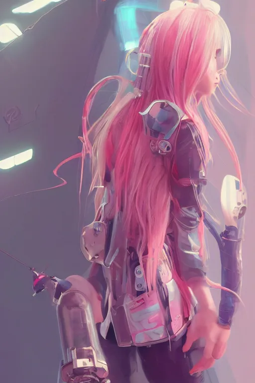 Image similar to a cute girl, pink hair covered with hairpins, big eyes ， yellow inflatable loose plastic cyber technology jacket, huge jet rocket engine backpack, fantasy art by guweiz, sleek curves, intricate sharp focus, trending on artstation hq, deviantart, pinterest, unreal engine 5, highly detailed, 4 k uhd image