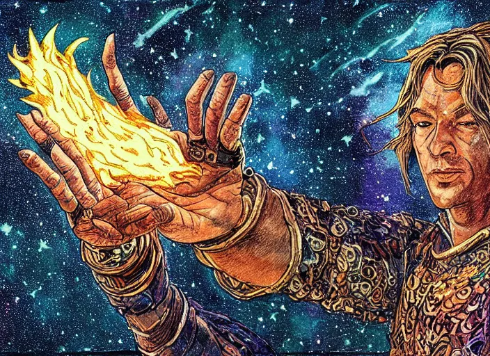 Image similar to high intricate colored ink drawing of the sandman holding a glimmering fire - galaxy, full shot, neil gaiman, maria panfilova, andrea savchenko, mike kime, ludovic plouffe, qi sheng luo, oliver cook, julian calle, eddie mendoza, trending on artstation