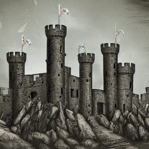 Prompt: A desolate castle overrun by undead, dark, high detail