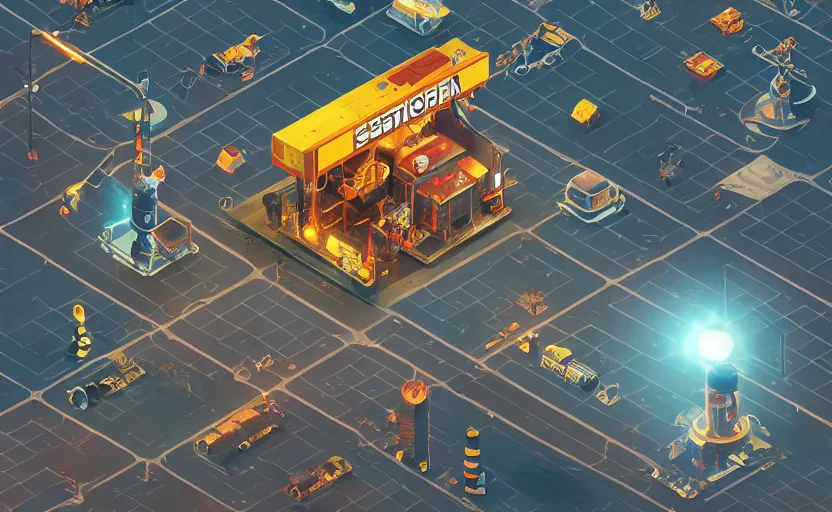 Prompt: isometric gas station in space, 8 k, steampunk, hard edges, zoomed in, very coherent, sharp focus, rim light, exquisite lighting, hard edges, sci - fi, print, cinematic, game art, soft painting, trending on artstation