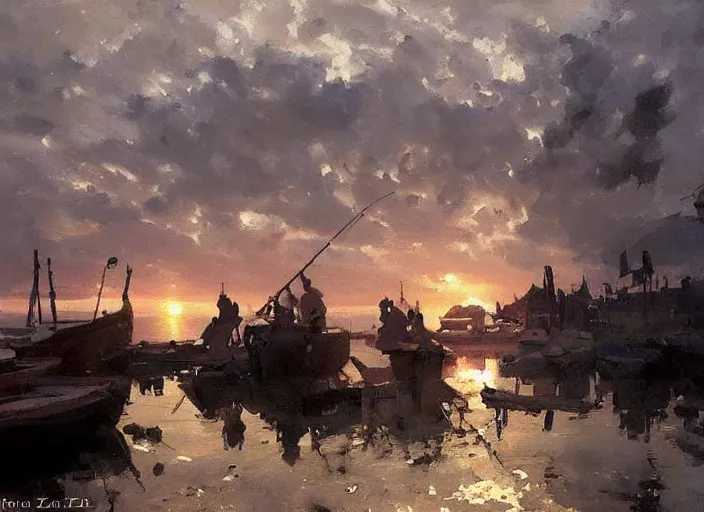 Prompt: oil painting of fishing village in dawn by anders zorn, wonderful art by greg rutkowski, incredible lighting, shadows, beautiful cinematic light