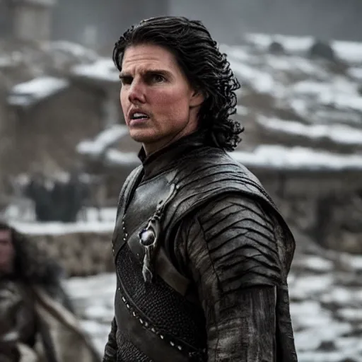 Prompt: still of tom cruise as jon snow in game of thrones