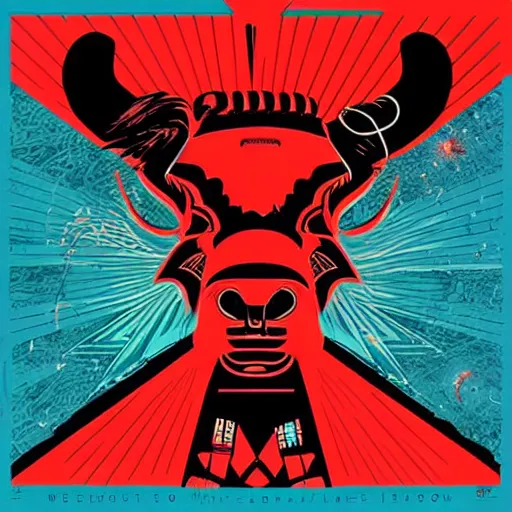 Image similar to a beautiful album cover of a cyberpunk bison by Shepard Fairey, red white and cyan color scheme