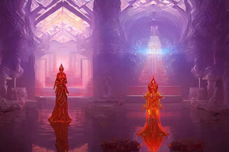 Prompt: wide angle photo of goddes (of war) (((dynamic lighting)) in chromatic dmt dmt sprititual temple temple with DISPACEMENTS Displacements, elegant, highly detailed, smooth, sharp focus, illustration, beautiful, geometric, trending on artstation, cinematic, artwork by WLOP