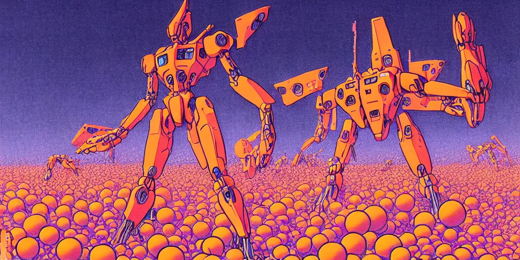 Prompt: risograph rendition of extremely - detailed white huge evangelion - like mech with a lot of orange tiny balls on it, children faces, ominous, intricate complexity, dramatic, epic composition, atmospheric, painting by moebius