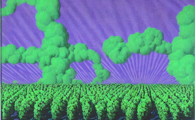 Prompt: psy key to glitch switches, some green and purple, art by art rene magritte