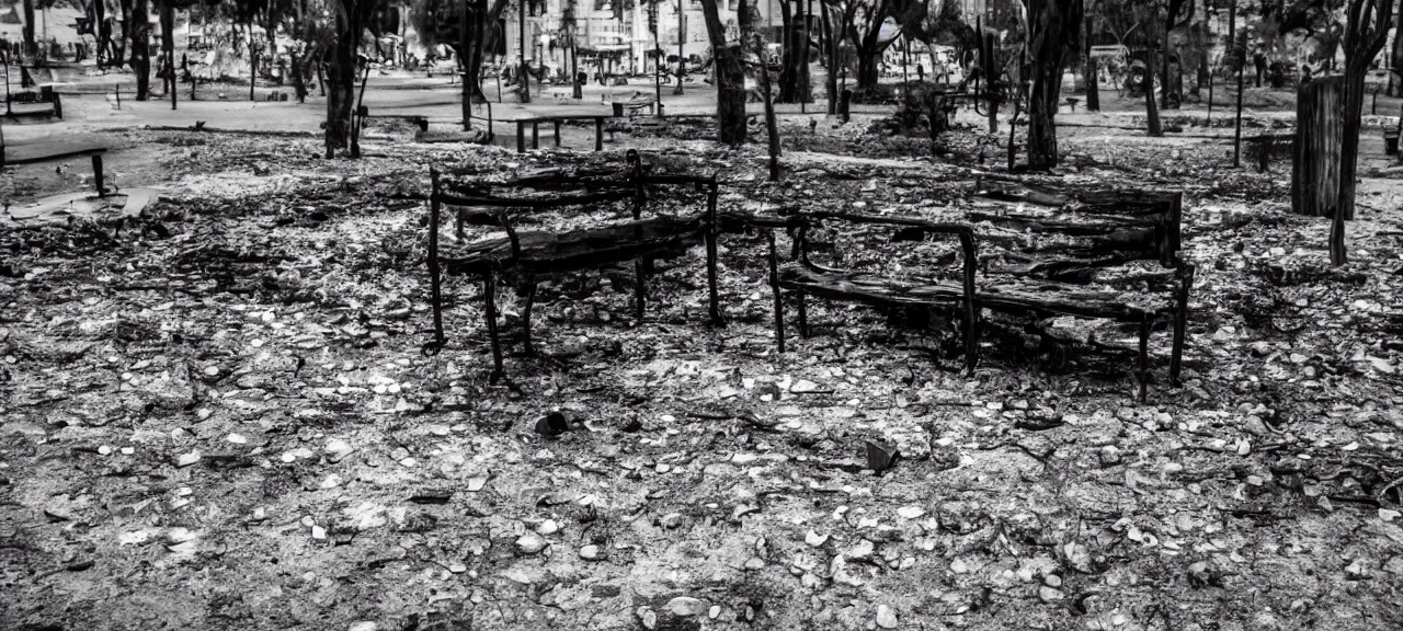 Prompt: Charred remains of a person sitting on a bench taking a selfie