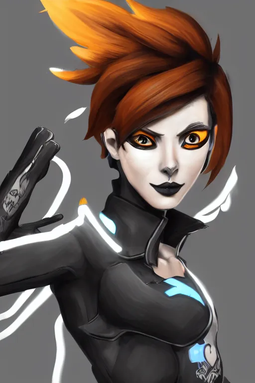 Image similar to digital drawing of tracer from overwatch in a goth style, wearing black lipstick and black eyeliner, 4 k, artstation, beautiful artwork, volumetric lighting, extremely detailed, neutral expression, focus on face, fog,