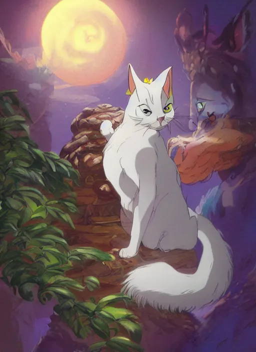 Image similar to official digital painting artwork of a cat character by don bluth, ross tran and studio ghibli.