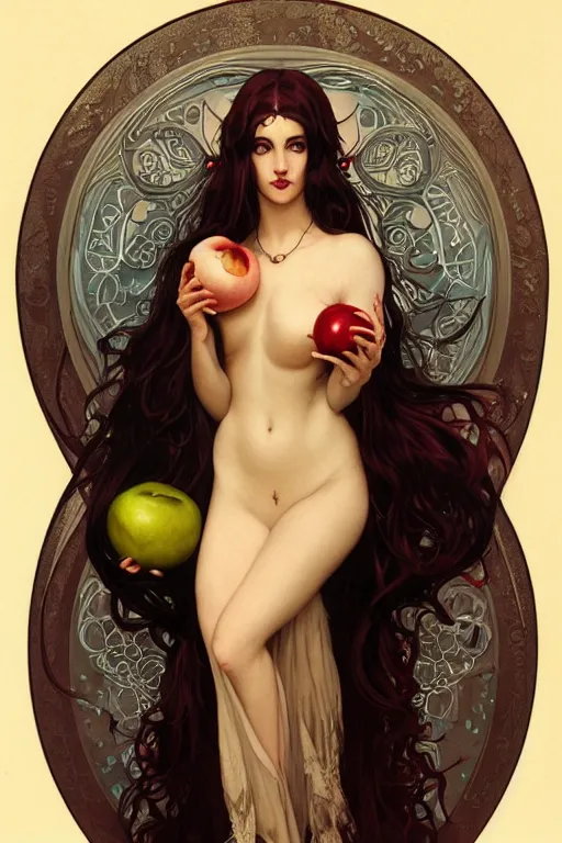 Image similar to Art Nouveau Lilith, Queen of the moon, Sensual occult esoteric woman holding an apple, full body image centered in frame, headshot, D&D, fantasy, highly detailed, digital painting, artstation, concept art, sharp focus, illustration, art by artgerm and greg rutkowski and alphonse mucha