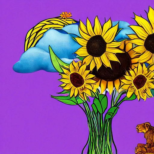 Image similar to lions and sunflowers 🌻🌫 in the style of salvador dali