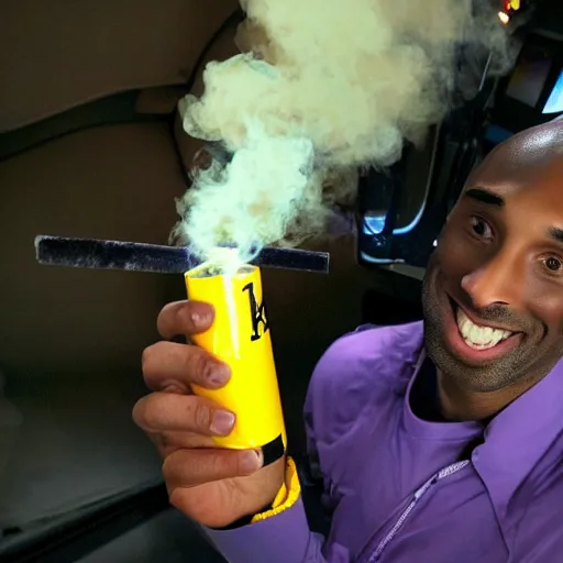 Image similar to selfie of kobe bryant holding a giant rolled marijuana cigarette in a helicopter, smoke around him, 8k resolution, hyper detailed, shot in the air