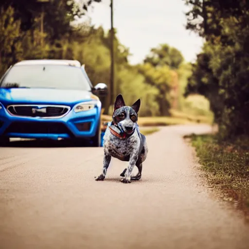 Image similar to blue heeler dog on a motorcycle, 8 k photography, blurred background of a wafflehouse