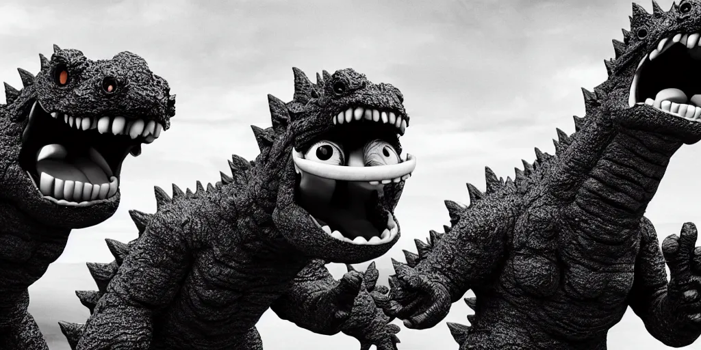 Image similar to a still from a movie, wide angle, 2 1 mm, godzilla with human teeth and googly eyes, being an idiot and laughing at a joke, real, weird, strange, funny