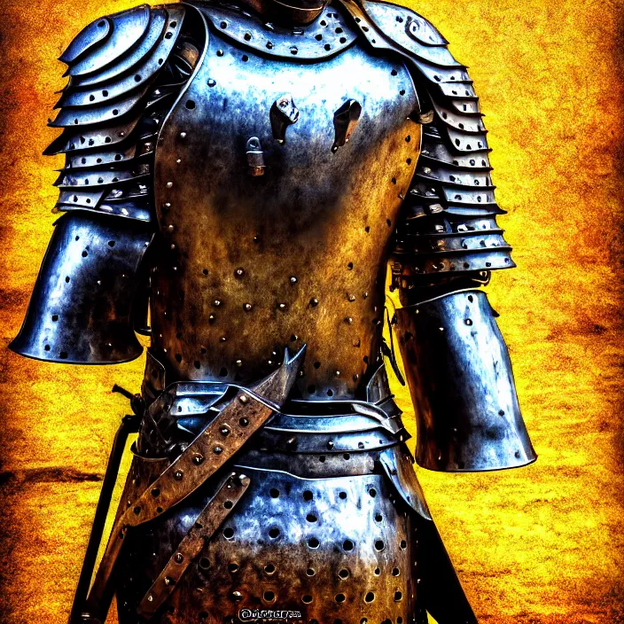 Image similar to digital art of a warrior headless, no head, body with, with metal themed fantasy epic armour, highly detailed, hdr, smooth, sharp focus, high resolution, award - winning photo