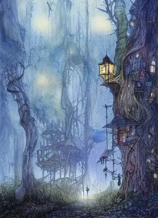 Image similar to treehouse city in the forest with fairy lights, light ground fog, river, detailed fantasy watercolor comic style, subtle colors, by alan lee and john howe