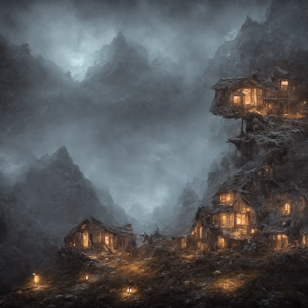 Image similar to A decrepit unlit cottage on a mountaintop at night, lit by a single torch, by Bastien LeCouffe-Deharme, hyperrealistic, V-Ray 8k UHD