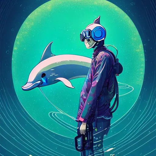 Image similar to a beautiful hyperdetailed character design 4 k wallpaper illustration of a cute dolphin, victo ngai cyberpunk style, from china, style of studio ghibli, makoto shinkai, raphael lacoste, louis comfort tiffany, artgerm, james jean, ross tran, chinese style