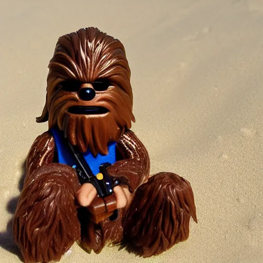 Image similar to Chewbacca on holiday, relaxing on the beach, minifigure, hyperrealistic, photos, Flickr