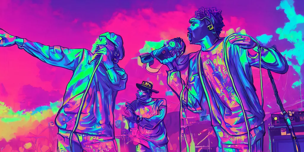 Image similar to rapping into microphone, on stage at festival during lightning storm, digital art, vapor wave, hip hop, surreal, psychedelic, trending on Artstation, professional artist, detailed, 4k