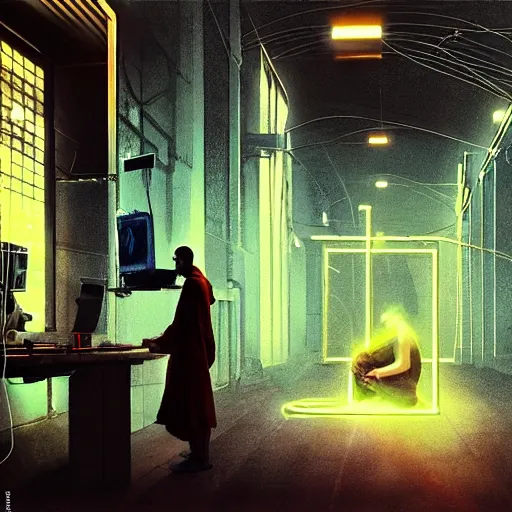 Prompt: A single monk kneeling with wires connecting him to a computer, Nirvana, Machines and wires everywhere, flashing neon lights, creepy, dark shadowy surroundings, dystopian scifi, horror, Stefan Koidl inspired