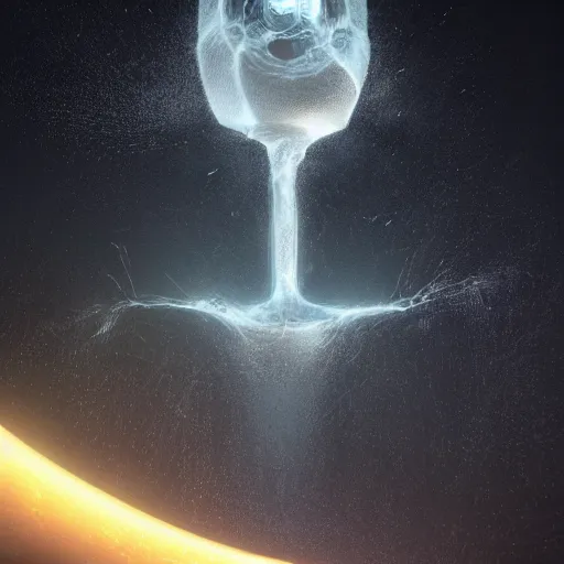 Image similar to hyperrealistic mixed media high resolution image of a single proportionally sized human hand reaching outward, particle teleportation that resembles complex potential flow around a doublet, translation to Ort Cloud in space, stunning 3d render inspired art by unreal engine and Greg Rutkowski, perfect symmetry, dim volumetric lighting, 8k octane beautifully detailed render, post-processing, extremely hyper-detailed, intricate, epic composition, highly detailed attributes, highly detailed atmosphere, cinematic lighting, masterpiece, trending on artstation, very very detailed, masterpiece, stunning, flawless lifelike epidermis,