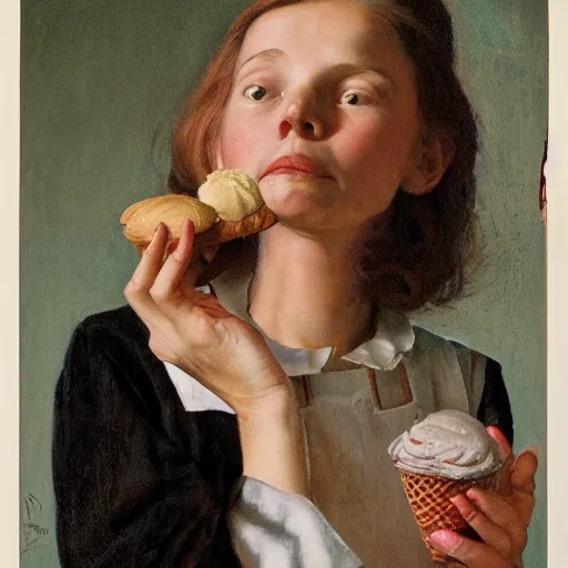 Prompt: Portrait of a woman staring blankly at the viewer while tears stream down her cheeks and she holds an ice cream in her hand, by normal Rockwell.