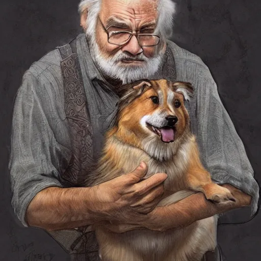 Image similar to portrait of a old, ruggedly handsome man holding a corgi dog, soft hair, muscular, full body, cloth, hairy, d & d, fantasy, intricate, elegant, highly detailed, digital painting, artstation, concept art, smooth, sharp focus, illustration, art by artgerm and greg rutkowski and alphonse mucha