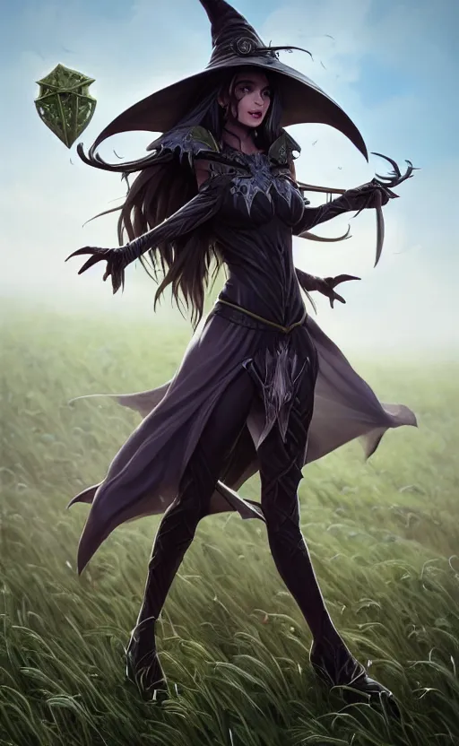 Image similar to medium shot of dark elf witch in field, sunny, highly detailed, d & d, fantasy, highly detailed, digital painting, trending on artstation, concept art, sharp focus, illustration, global illumination, ray tracing, realistic shaded, art by artgerm and greg rutkowski and fuji choko and viktoria gavrilenko and hoang lap